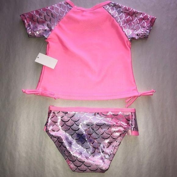 Real Love Mermaid Metallic Two Piece Swimsuit Pink Girls Size 12 Months Ruffle - Picture 3 of 8